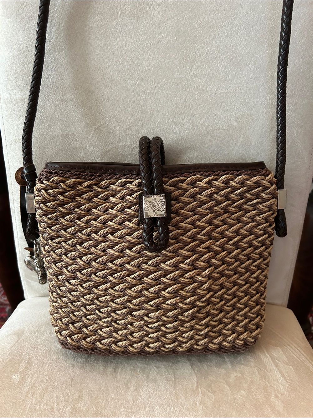 Brighton Woven Straw Crossbody with Dark Brown Braided Trim
